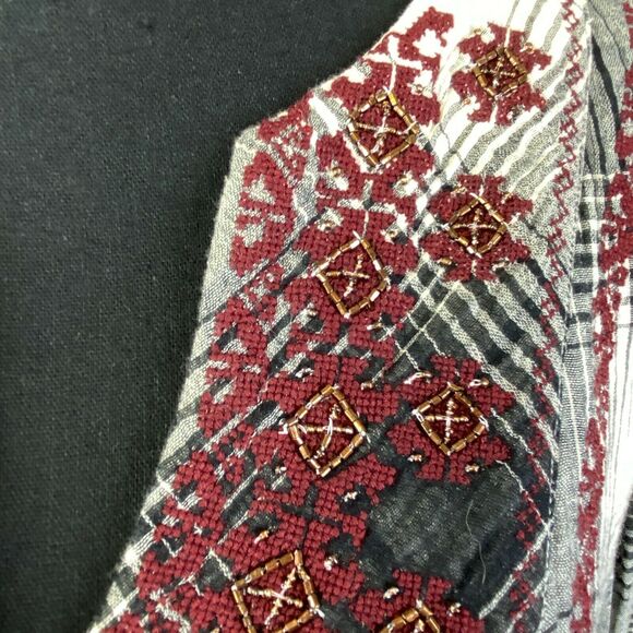 Anthropologie Floreat Black Cream Plaid Burgundy Embroidered V Neck Tunic Small - Picture 6 of 11